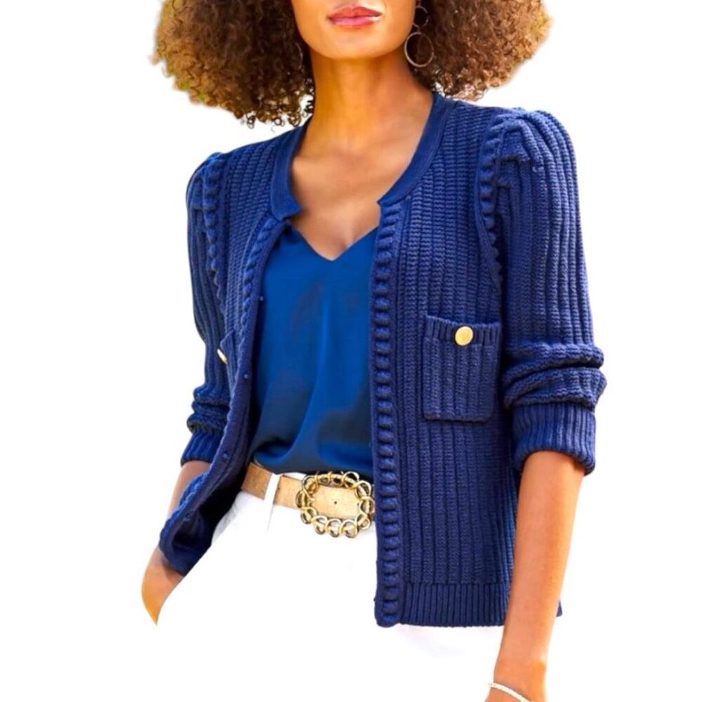 Boston Proper Women's Puff Sleeve Knit Sweater Size Medium Blue Cardigan Nautica